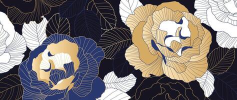 Luxury golden peony flower line art background . Natural botanical elegant flower on dark background. Design illustration for decoration, wall decor, wallpaper, cover, banner, poster, card. vector