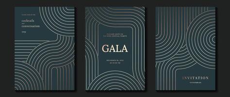 Luxury invitation card background . Golden elegant geometric shape, gold lines gradient on dark blue background. Premium design illustration for gala, grand opening, party invitation, wedding. vector