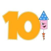 Ten Happy Birthday party sticker in retro groovy style. Funky walking character and number 10. Vintage mascot psychedelic smile. illustration vector