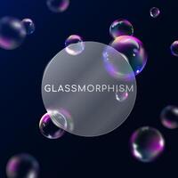 Glassmorphism abstract background with a round transparent frame with a glass overlay effect on a background of realistic bubbles with a blur effect. Template for banner, poster, web design. vector