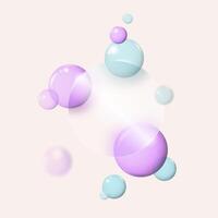 Glass morphism transparent round plate frame with flying 3D balls on the background. Modern Glass Morphism template with blur effect and realistic balls in light pastel colors. illustration vector