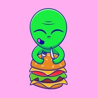 linda extraterrestre detrás un gigante hamburguesa dibujos animados íconos ilustración. plano dibujos animados concepto. adecuado para ninguna creativo proyecto. vector