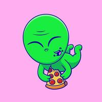 Cute Alien Eating Pizza Slice While Floating Cartoon Icons Illustration. Flat Cartoon Concept. Suitable for any creative project. vector