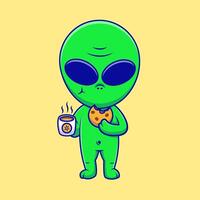 Cute Alien Holding Hot Coffee Cup And Cookies Cartoon Icons Illustration. Flat Cartoon Concept. Suitable for any creative project. vector