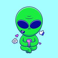 Cute Alien Playing Smart Phone Cartoon Icons Illustration. Flat Cartoon Concept. Suitable for any creative project. vector
