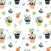 Endless pattern of decorative blossoms in containers on pale background for fabric wallpaper vector