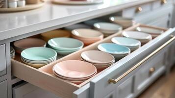 Sleek Drawer Organizes Elegant Plates in Soft Pastel Shades photo
