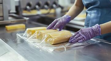 Woman in gloves, apron and mask wraps piece of cheese lying on plastic tray in transparent food film. photo