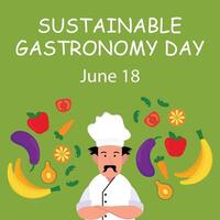 illustration graphic of a chef with fruit and vegetables floating around him, perfect for international day, sustainable gastronomy day, celebrate, greeting card, etc. vector