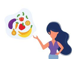 ilustración gráfico de un mujer presenta vegetal y Fruta alimentos, Perfecto para internacional día, sostenible gastronomía día, celebrar, saludo tarjeta, etc. vector