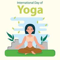 illustration graphic of a woman meditating in the garden in the morning, perfect for international day, international day of refugee day, celebrate, greeting card, etc. vector