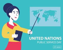 illustration graphic of a female teacher is explaining a map, perfect for international day, united nations public service day, celebrate, greeting card, etc. vector