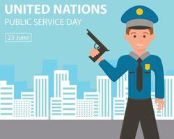 illustration graphic of a policeman holding a gun in the middle of the city, perfect for international day, united nations public service day, celebrate, greeting card, etc. vector