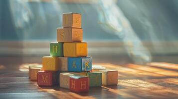 Softly Lit Stack of Wooden Alphabet Blocks with Various Shades photo