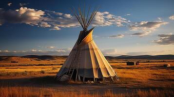 lona de cultura, indígena primero nación tipis en el majestuoso genial llanuras foto