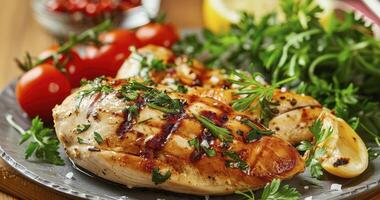 Enjoying the Juicy Delight of Grilled Chicken Breast with a Side of Fresh Vegetables photo