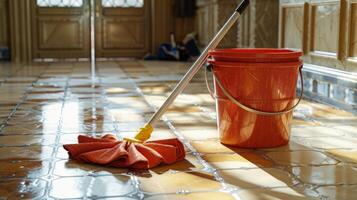 Cleaning Equipment on Tile Floor with Bucket and Mops photo