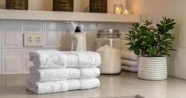 The Serene Setting of a Laundry Room Adorned with Vibrant Indoor Plants, Soft Folded Towels, and Powder Soap photo