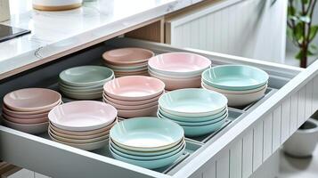 Sleek Drawer Organizes Elegant Plates in Soft Pastel Shades photo