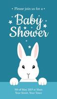 Baby Shower invitation design with white bunny rabbit on dark blue background. It's a boy vector