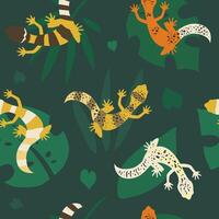 Seamless pattern with leopard geckos and tropical leaves. Colorful lizards exotic illustration on green background vector