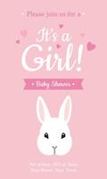 It's a Girl Baby Shower party invitation with white bunny and text on pink background vector