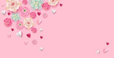 Pink background with flowers and paper hearts. Valentine's day, Women's day or Mother's day floral romantic background vector