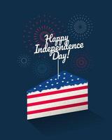 Happy Independence Day greeting card or banner design with piece of cake in American flag colors with fireworks on dark blue background vector