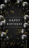 Happy Birthday card design with black glossy balloons and golden confetti on black background vector