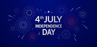 independencia día saludo tarjeta. cuarto de julio bandera diseño con fuegos artificiales en azul antecedentes vector