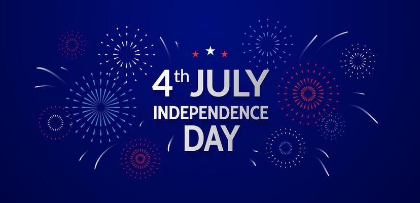 Independence Day greeting card. Fourth of July banner design with fireworks on blue background