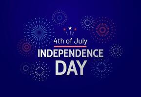 Fourth of July celebration in USA. Independence Day greeting banner with text and fireworks on blue background vector