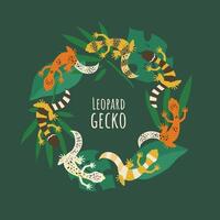 Leopard geckos with tropical leaves. Colorful lizards exotic illustration for web or print vector