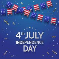 Independence Day greeting banner design template with American flags and confetti on blue background. 4th July vector