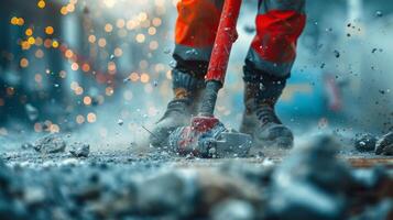 Construction Worker Breaks Concrete with Vibrant Red Jackhammer photo