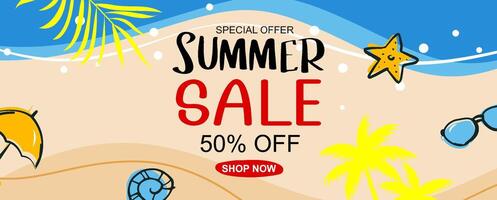 Summer sale banner cover template background. Summer beach discount special offer in hand drawn style. vector