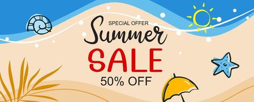 Summer sale banner cover template background. Summer beach discount special offer in hand drawn style. vector