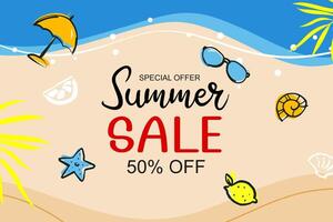 Summer sale banner cover template background. Summer beach discount special offer in hand drawn style. vector