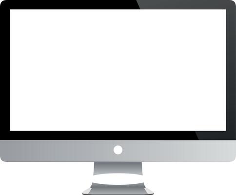 Realistic modern grey computer screen display isolated. Trendy mockup 3D rendering of silver and black monitor for home studio workspace. Isolated screen on white transparent background