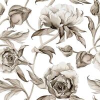 Hand drawn watercolor grisaille monochrome peony tulip ranunculus flowers, buds and leaves. Seamless pattern isolated on white background. Invitations, wedding, wallpaper, floral shop, print, textile vector