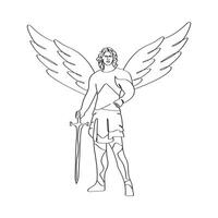 arcángel Miguel, fuerte masculino, participación un espada elegante minimalista línea dibujo. vector