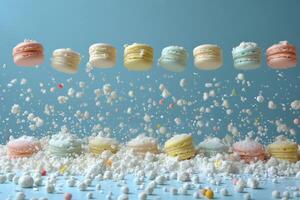 Colorful sweet macarons floating in the air professional advertising food photography photo