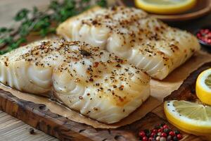 Baked halibut fillet on kitchen table plate professional advertising food photography photo