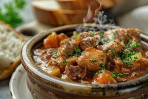 A steaming bowl of traditional Coq au Vin. photo