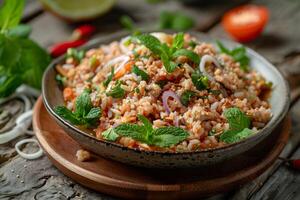 Thai larb salad with minced chicken and herbsThai larb salad with minced chicken and herbs. photo