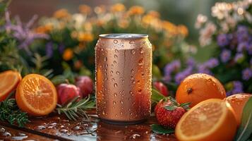 Chilled beverage can with fresh fruits. photo