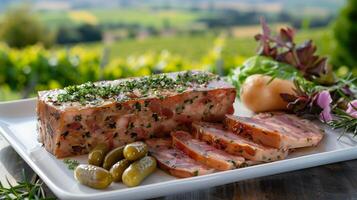 Foie gras served as a terrine on a white plate with a blurred vineyard background. photo