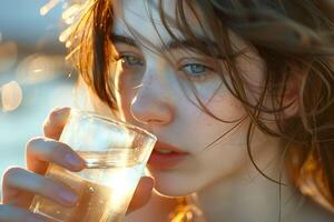 Sunlit portrait withglass of water. photo