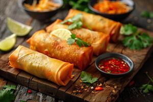 Close-up of golden fried spring rolls on wooden tray. photo