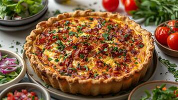 Savory quiche lorraine with fresh herbs. photo